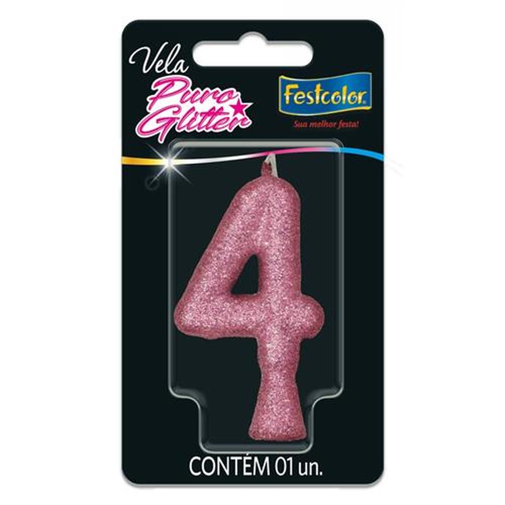 Vela Puro Glitter Rosa N 4 - Embalagem com 1 unidade.