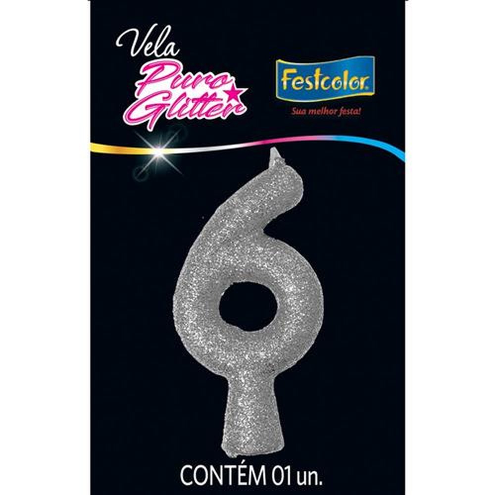 Vela Puro Glitter Prata N 6 - Embalagem com 1 unidade.