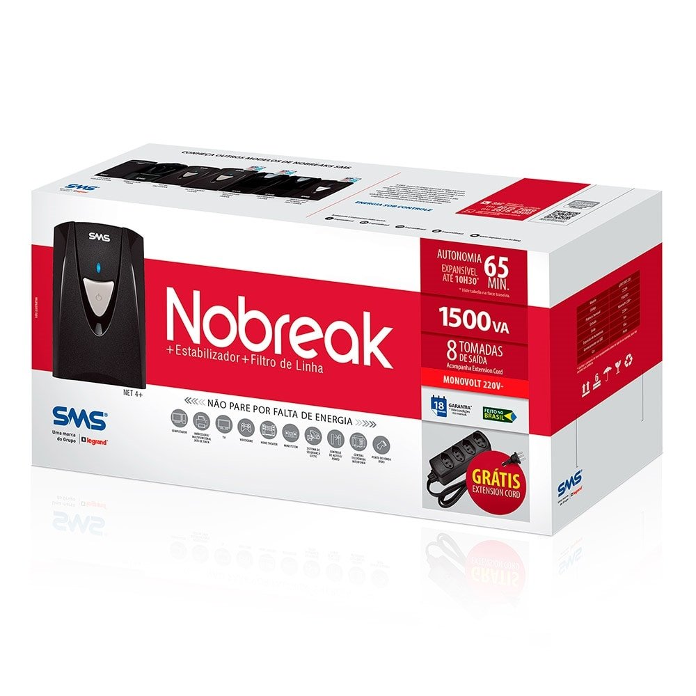 Nobreak SMS NET 4 +, 1500VA, 5 Tomadas, com Conexão para Bateria Externa, Entrada e Saída 220V