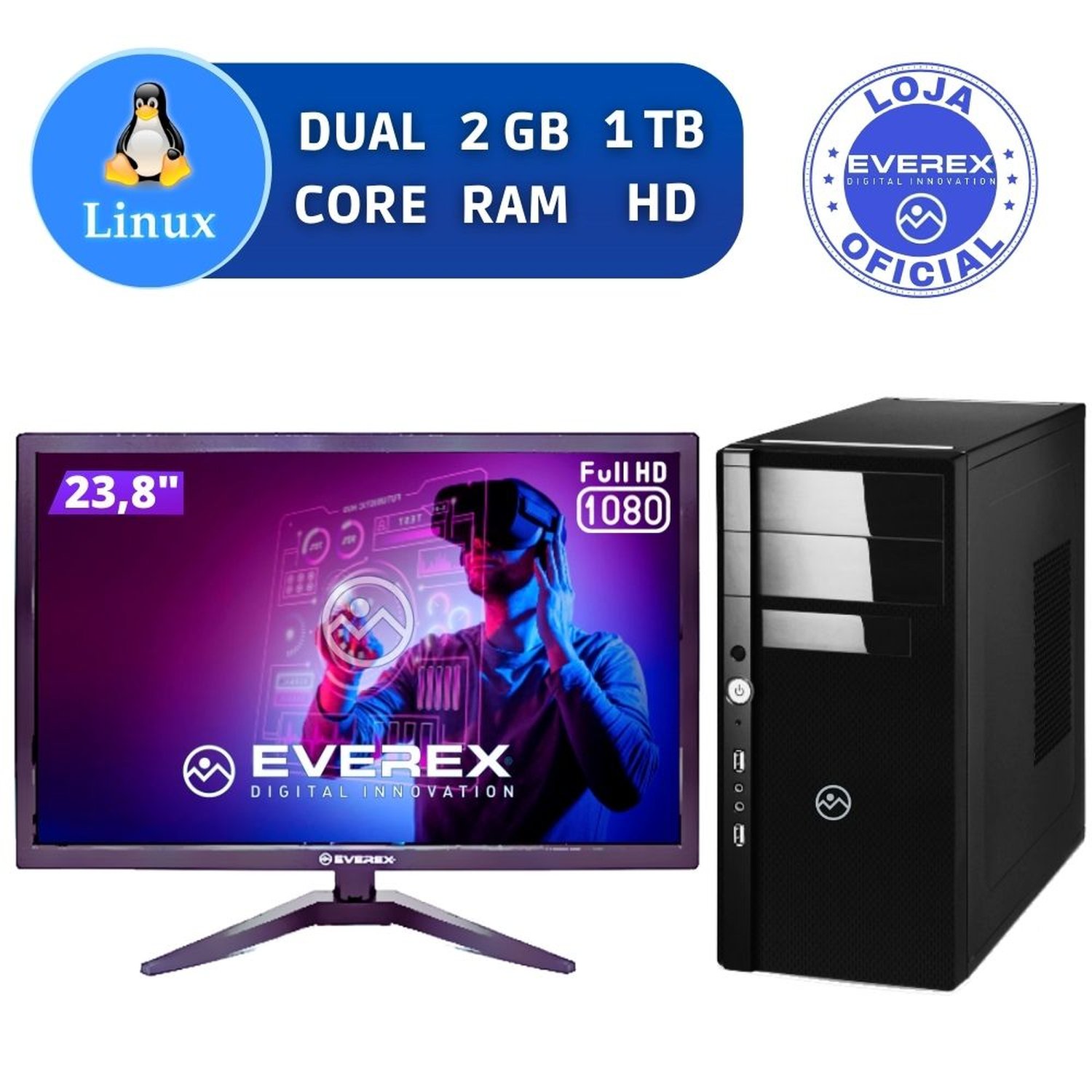 Computador Dual Core, 2GB , 1TB HD e Linux + Monitor 23.8" FULL HD