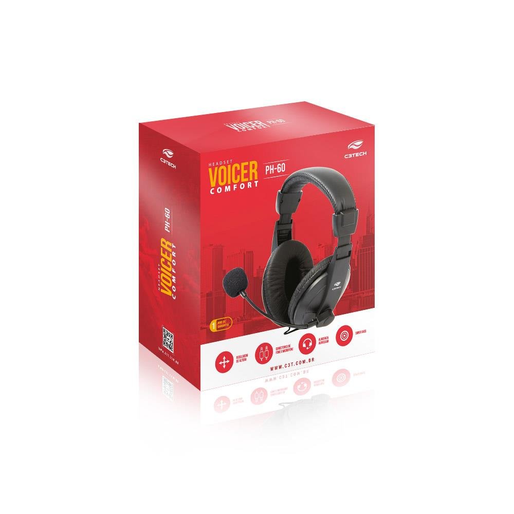 Headset C3Tech Comfort com Microfone, Conexão P2, com Controle de Volume e Almofada de Espuma, Preto - PH-60BK