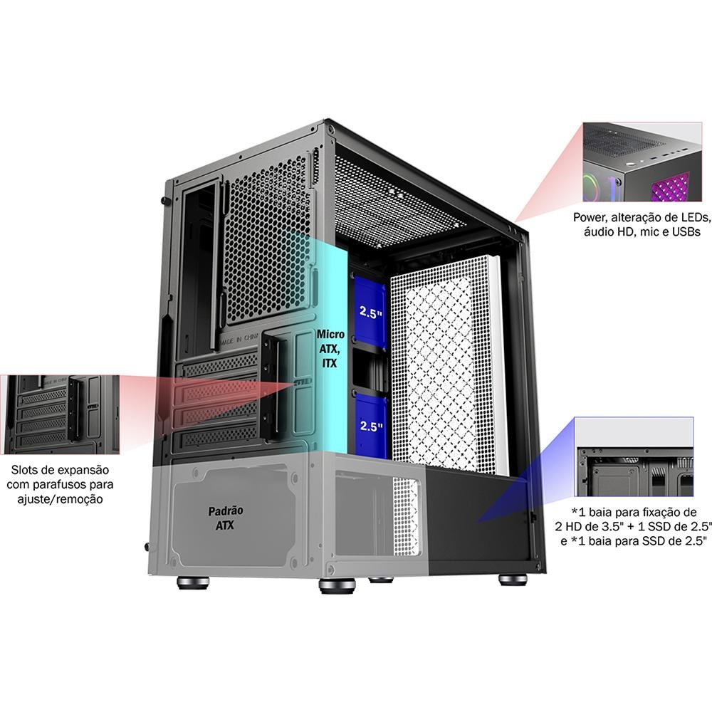 Gabinete Gamer K-mex Cg-01ru Bifrost Iii Rgb Mid Tower Preto - Cg01rurh001cb0x