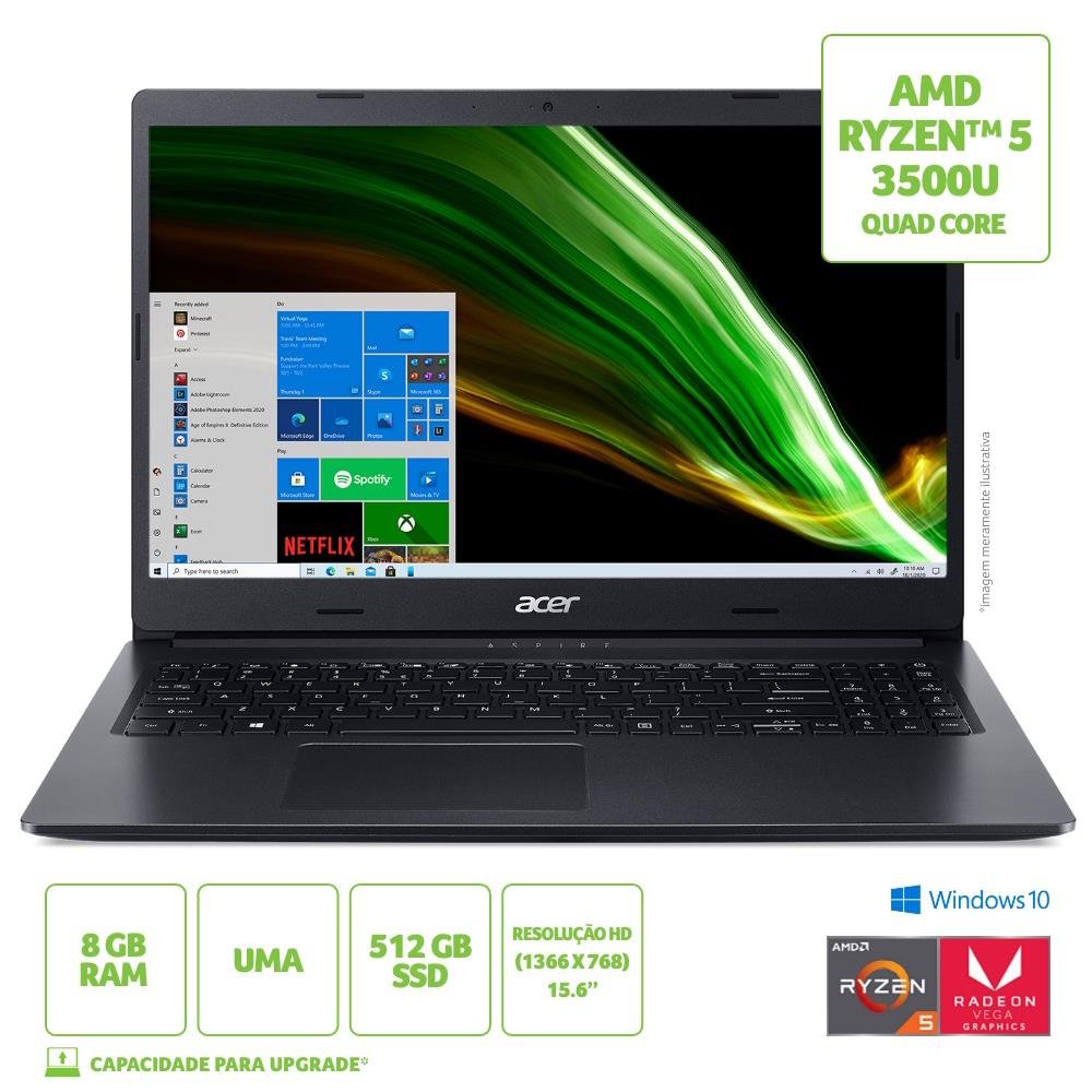 Notebook acer 15.6" hd a315-23-r6hc/ nx.a39al.004/ amd ryzen 5-3500u/ 8gb/ 512gb ssd/ w10 home