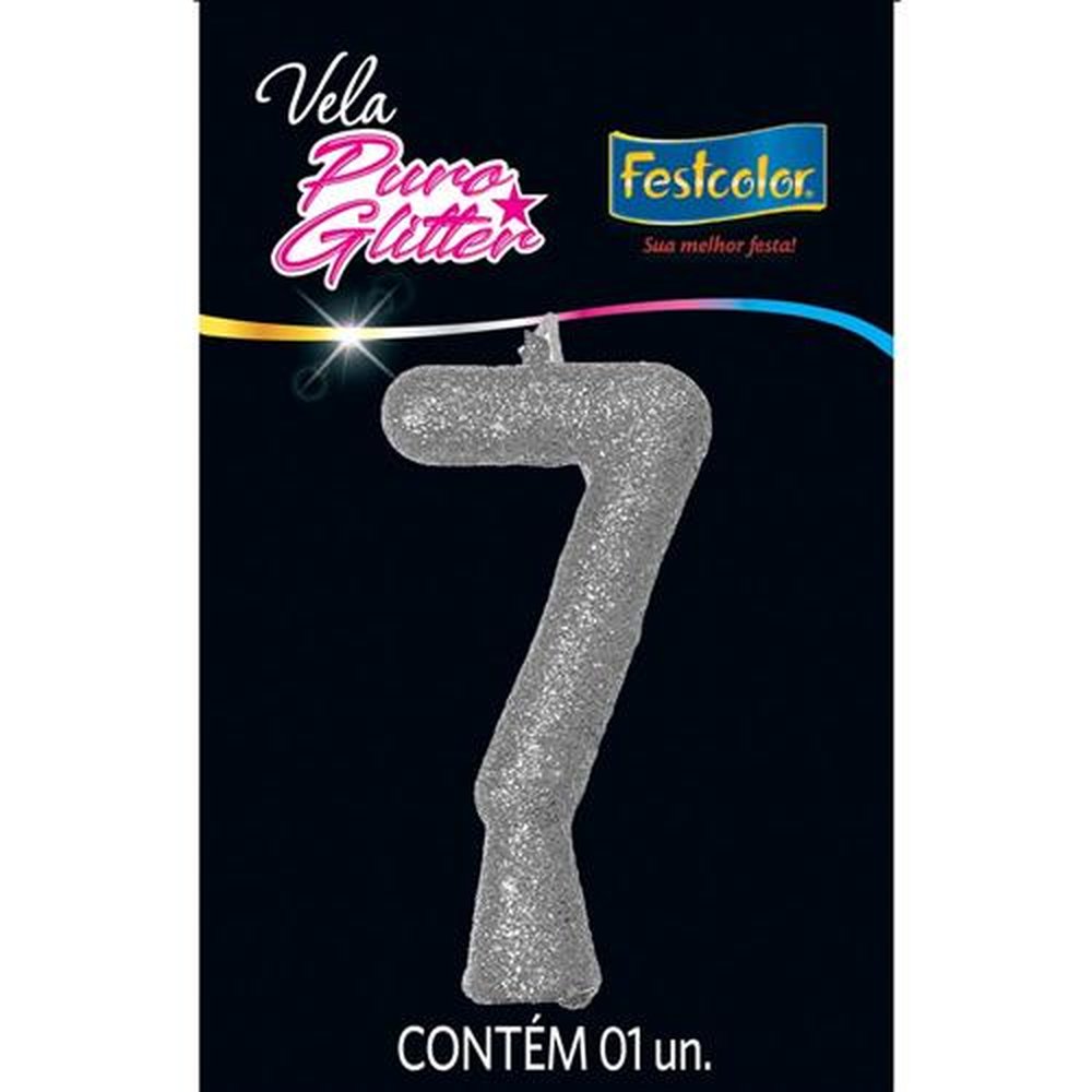 Vela Puro Glitter Prata N 7 - Embalagem com 1 unidade.