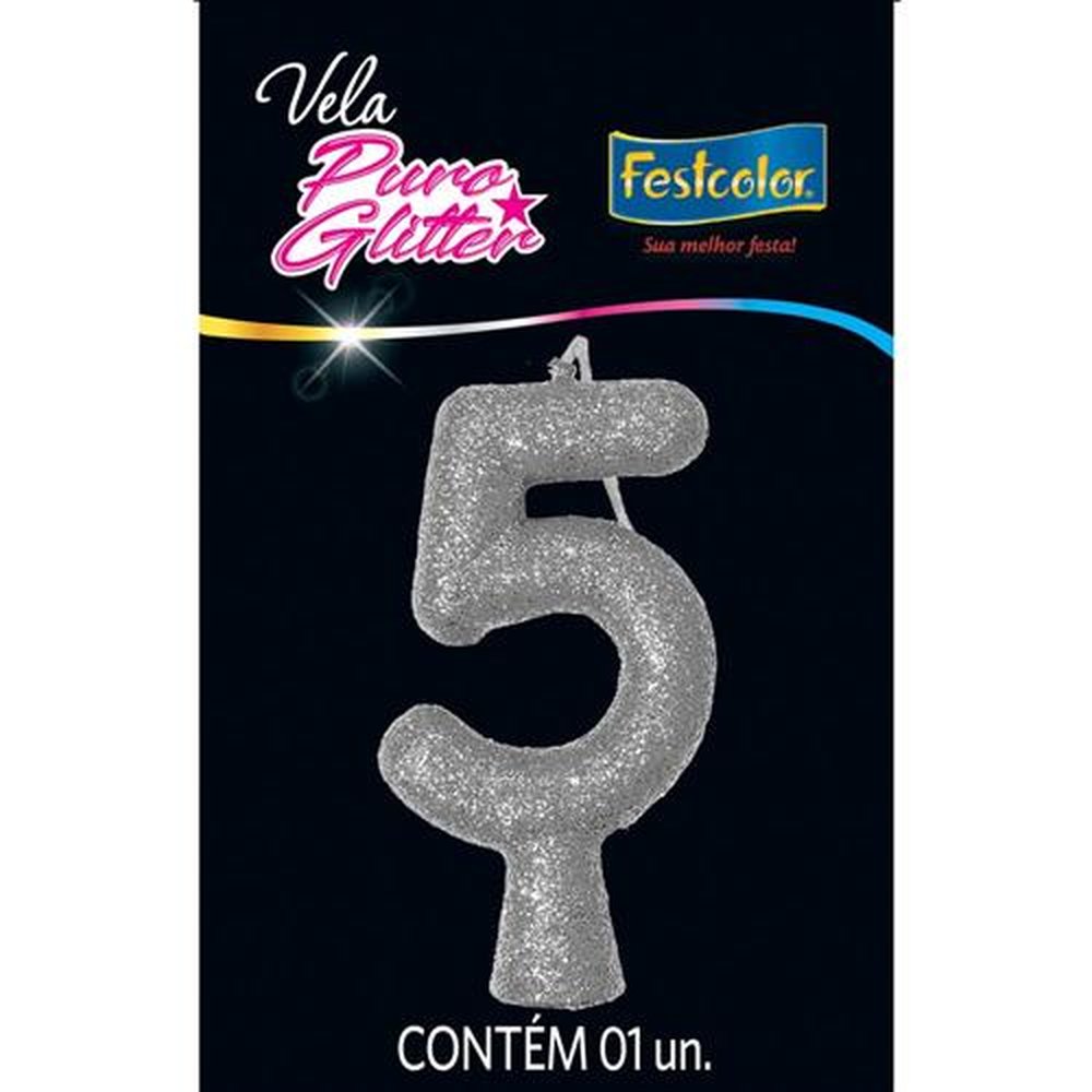 Vela Puro Glitter Prata N 5 - Embalagem com 1 unidade.