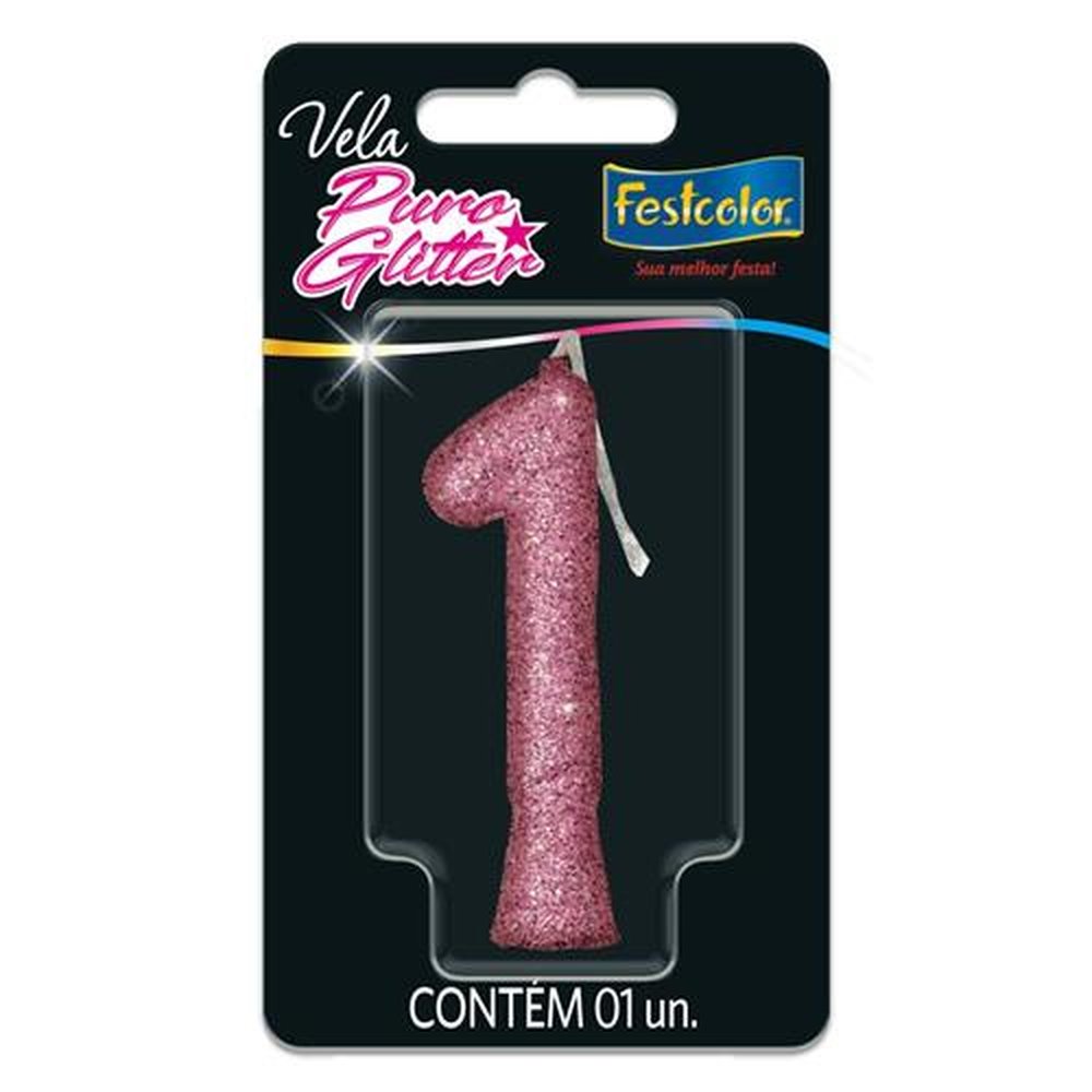 Vela Puro Glitter Rosa N 1 - Embalagem com 1 unidade.
