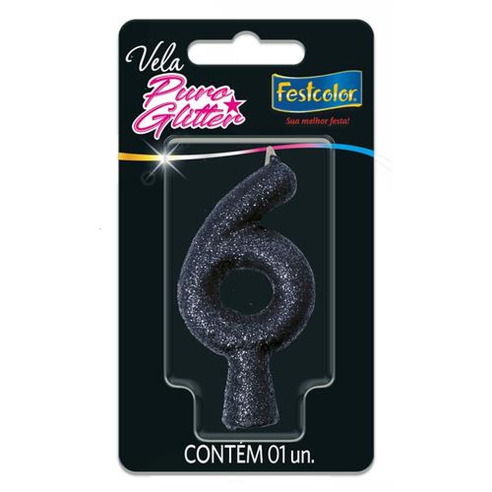 Vela Puro Glitter Preta N 6 - Embalagem com 1 unidade.