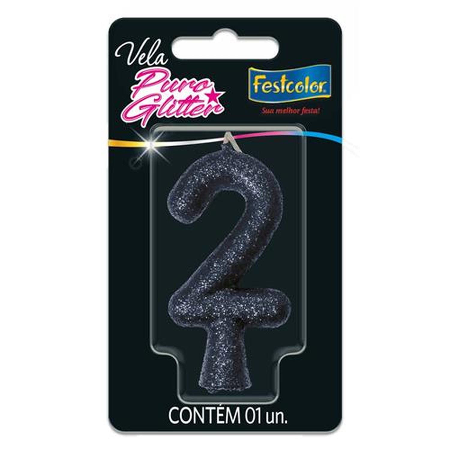 Vela Puro Glitter Preta N 2 - Embalagem com 1 unidade.