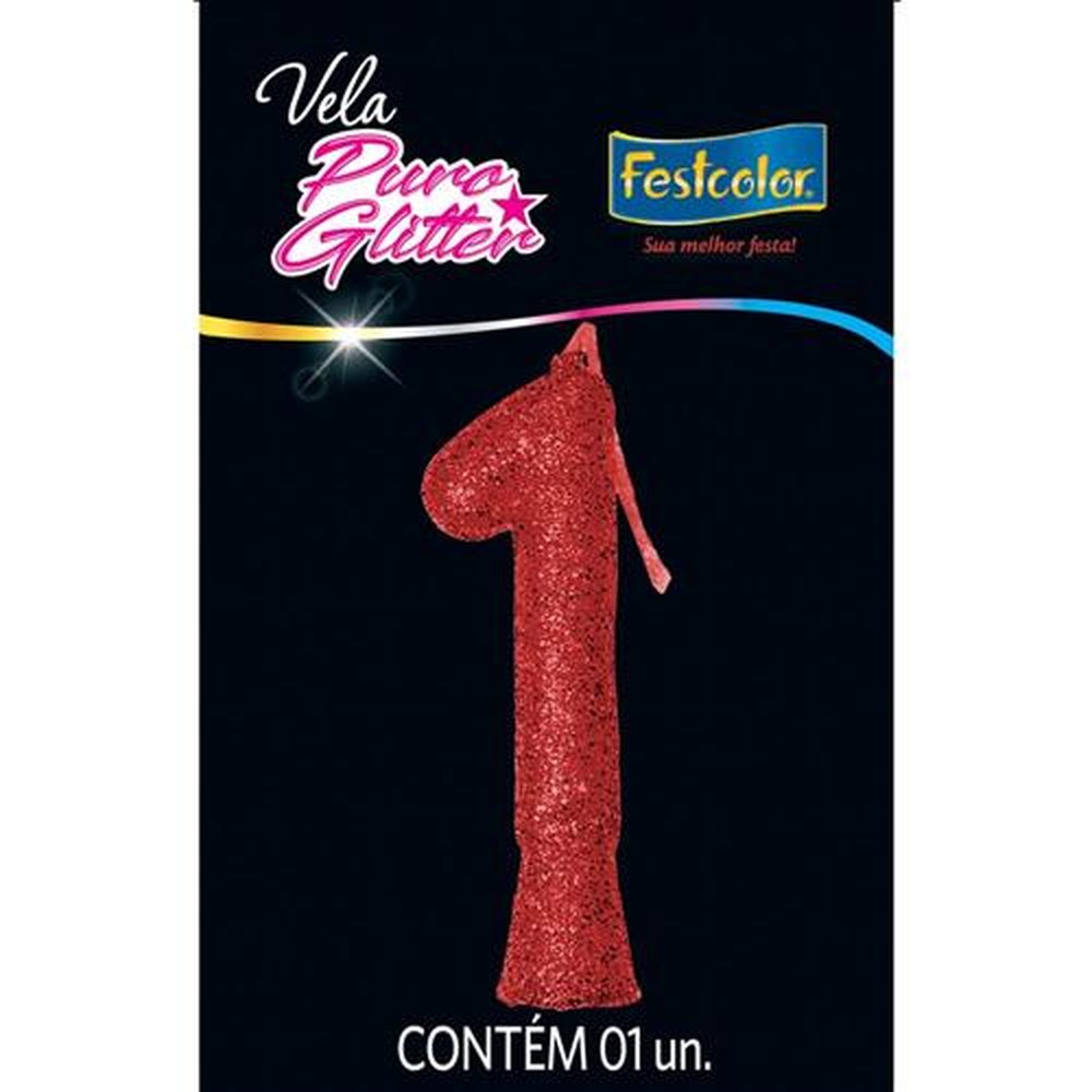 Vela Puro Glitter Vermelha N 1 - Embalagem com 1 unidade.