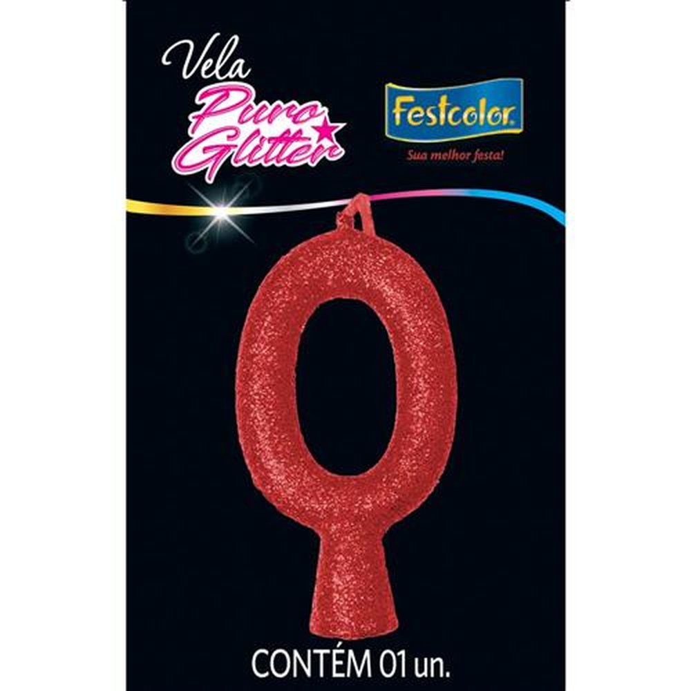 Vela Puro Glitter Vermelha N 0 - Embalagem com 1 unidade.
