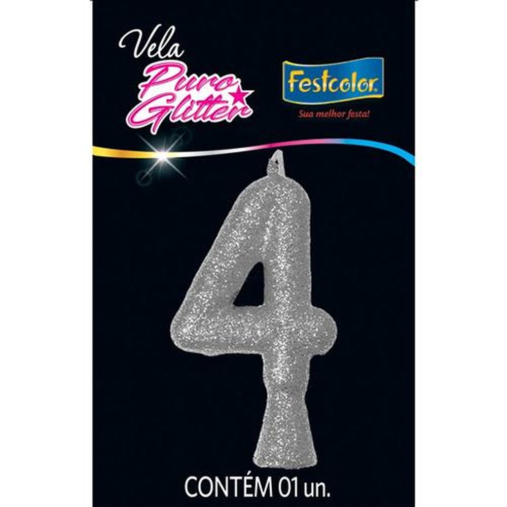 Vela Puro Glitter Prata N 4 - Embalagem com 1 unidade.