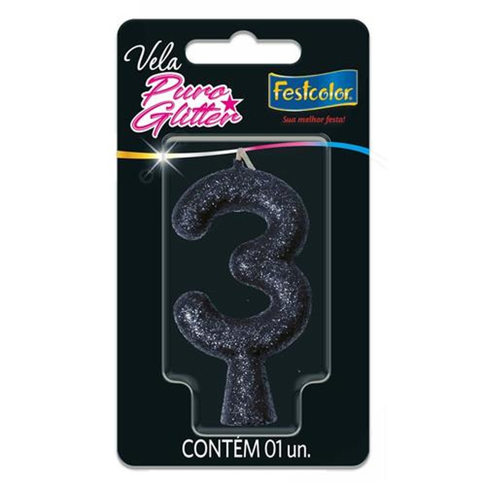 Vela Puro Glitter Preta N 3 - Embalagem com 1 unidade.