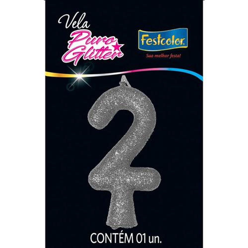 Vela Puro Glitter Prata N 2 - Embalagem com 1 unidade.