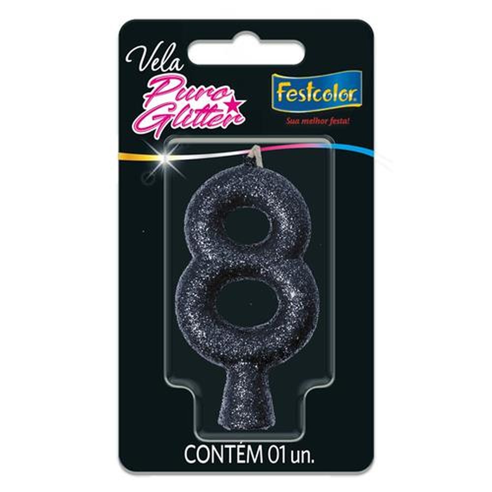 Vela Puro Glitter Preta N 8 - Embalagem com 1 unidade.