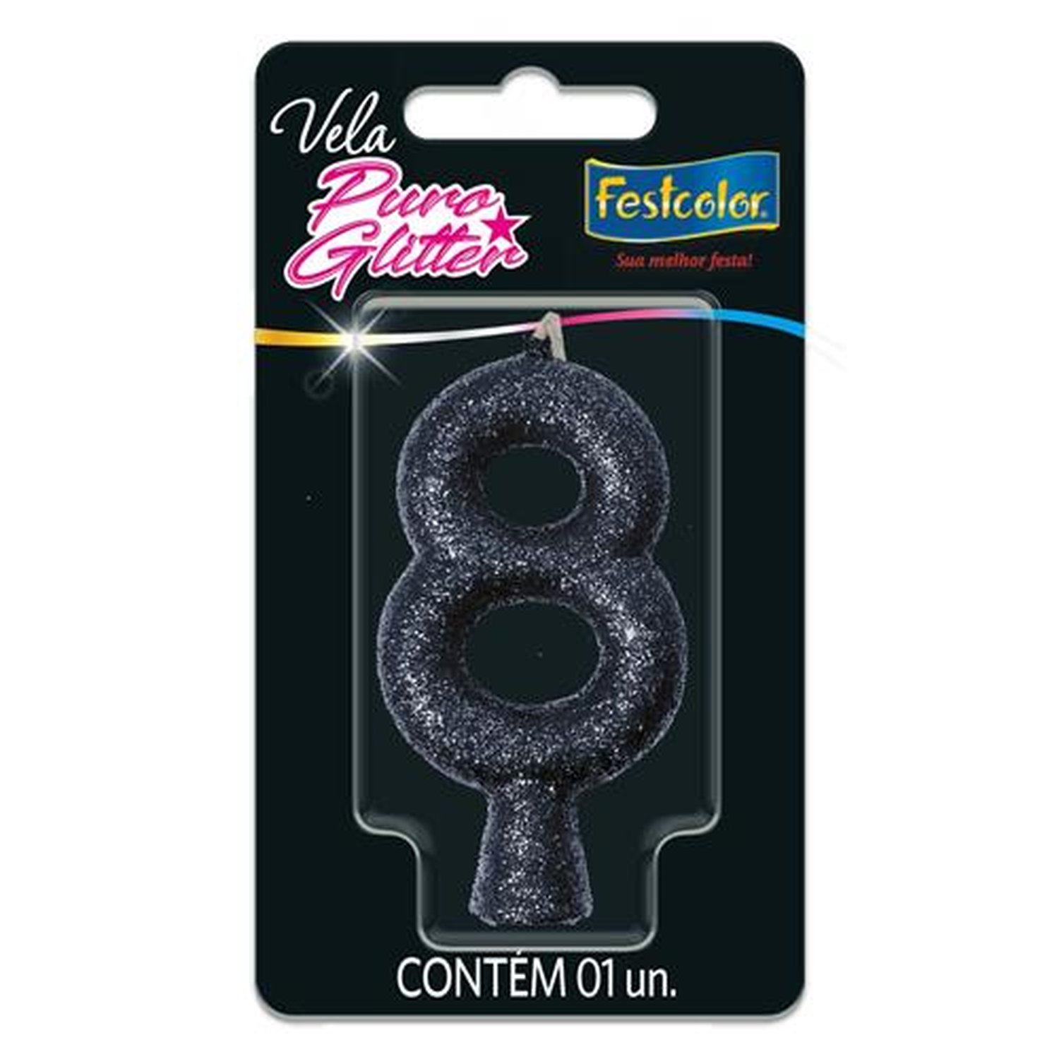 Vela Puro Glitter Preta N 8 - Embalagem com 1 unidade.