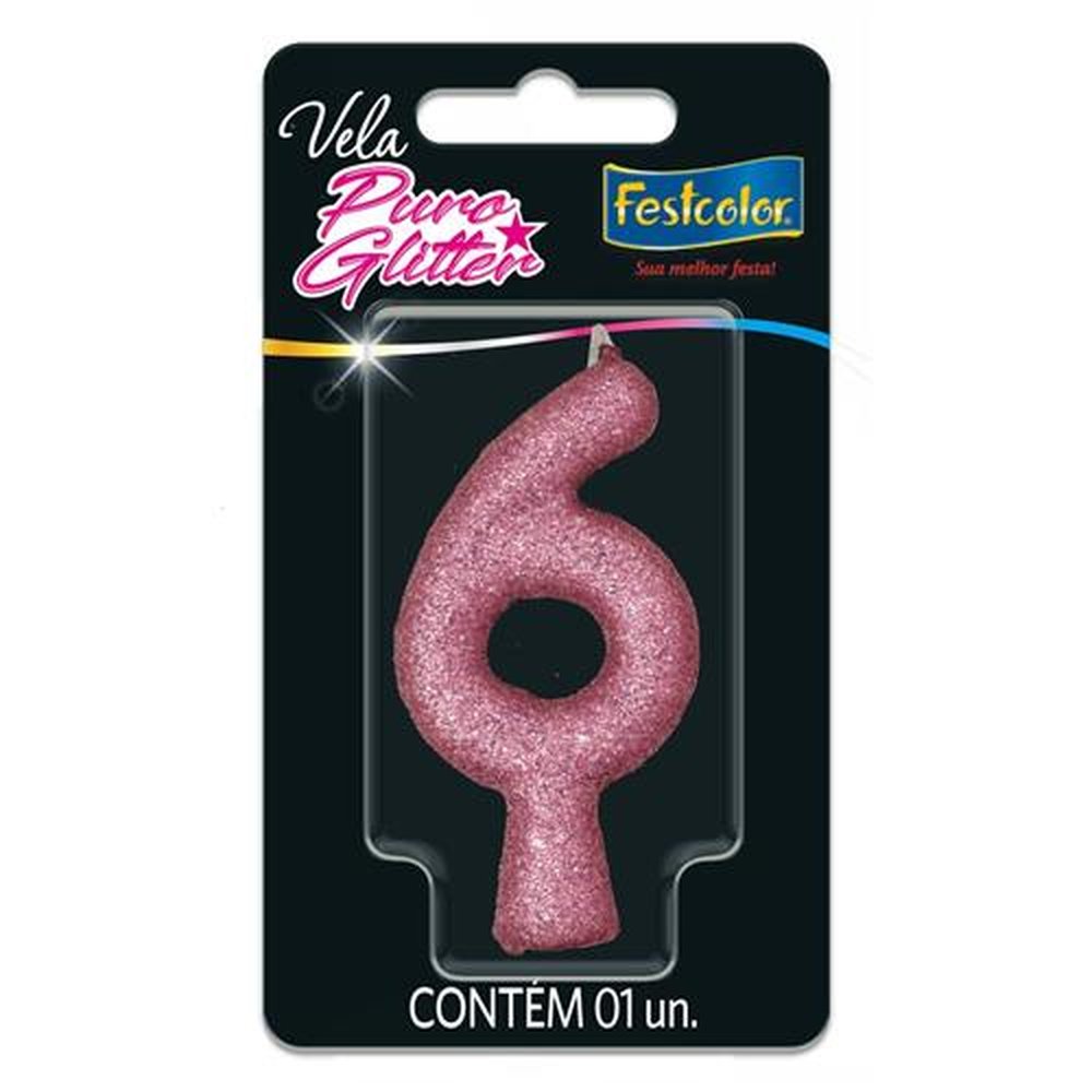 Vela Puro Glitter Rosa N 6 - Embalagem com 1 unidade.