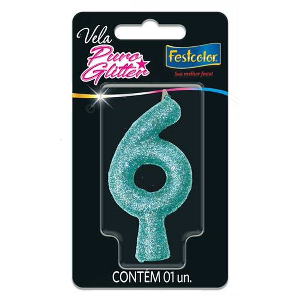 Vela Puro Glitter Tiffany N 6 - Embalagem com 1 unidade.