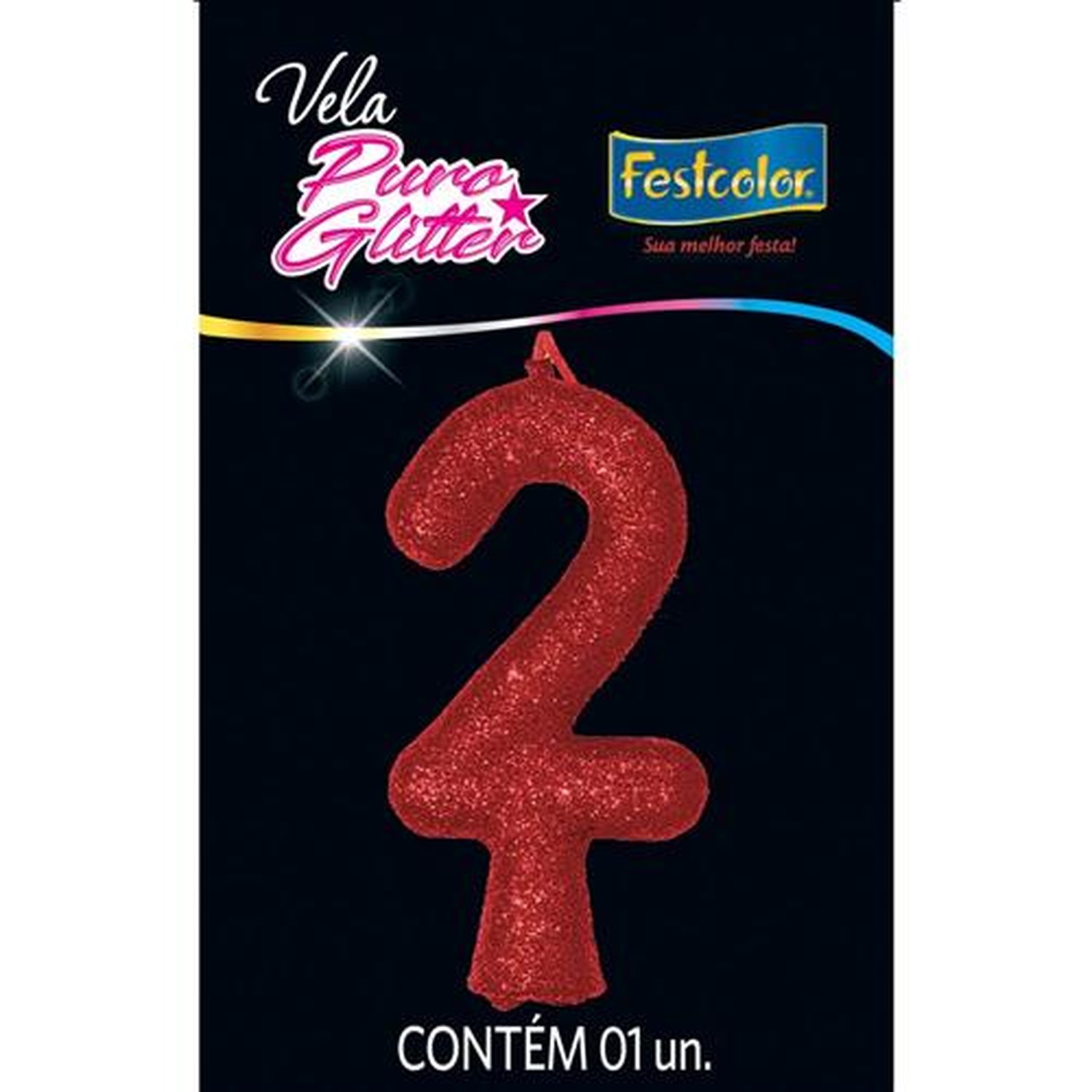 Vela Puro Glitter Vermelha N 2 - Embalagem com 1 unidade.