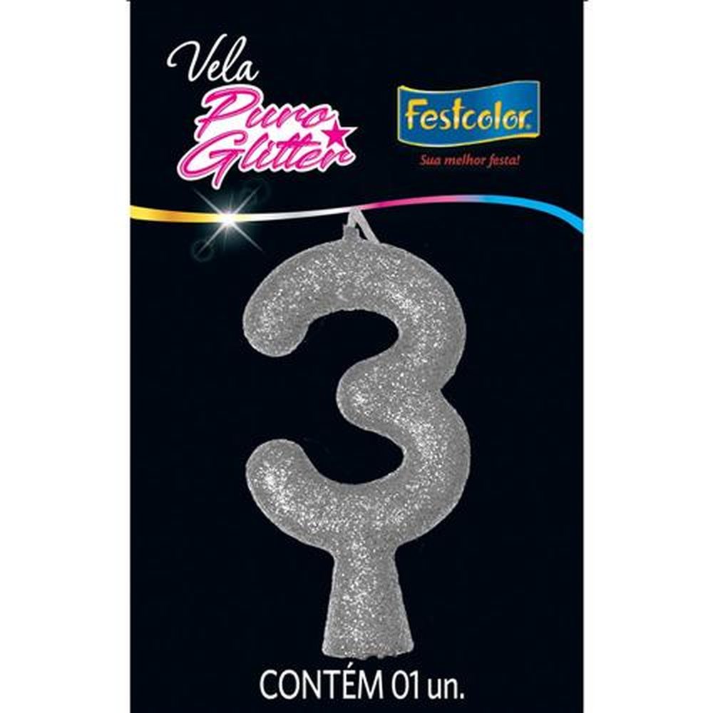 Vela Puro Glitter Prata N 3 - Embalagem com 1 unidade.