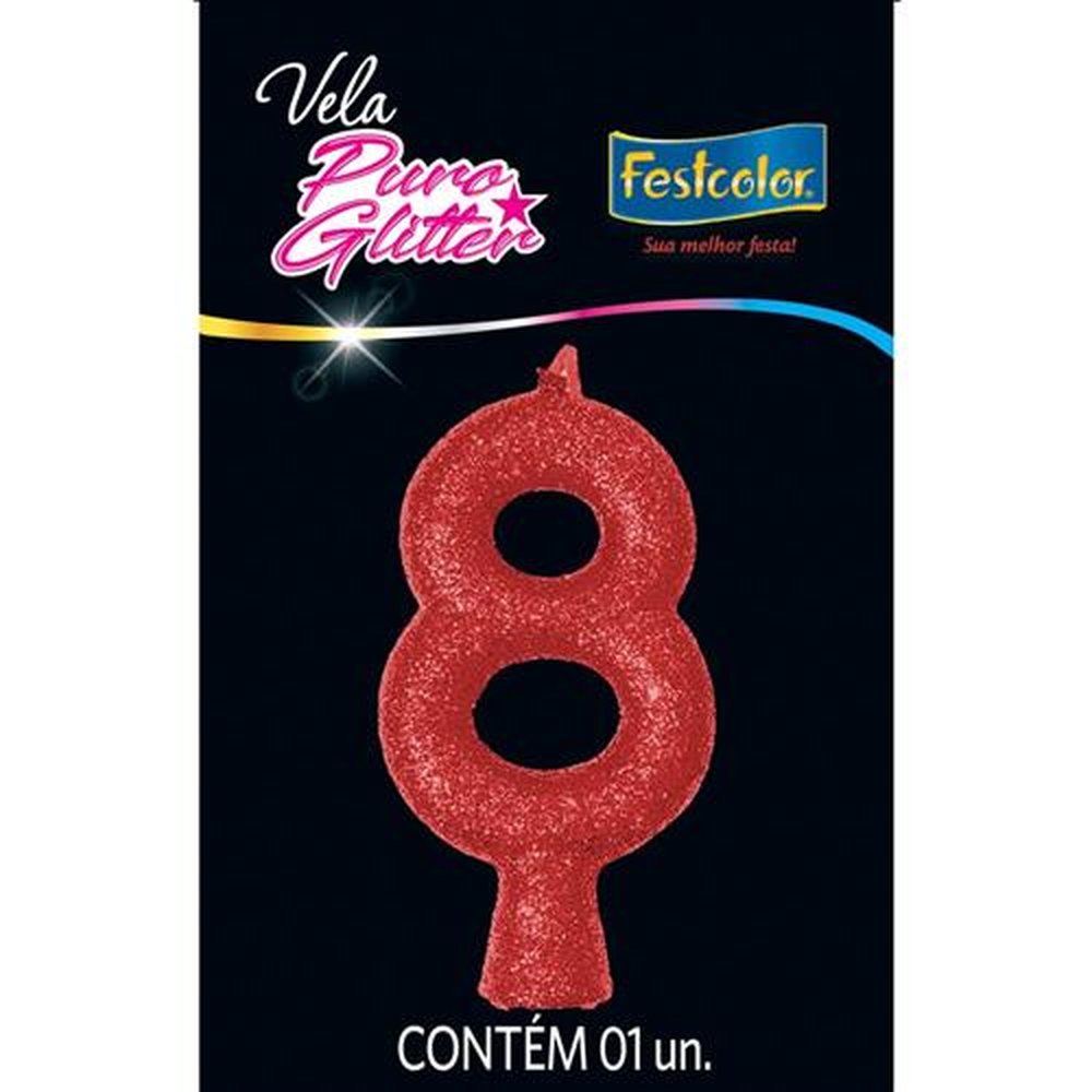 Vela Puro Glitter Vermelha N 8 - Embalagem com 1 unidade.