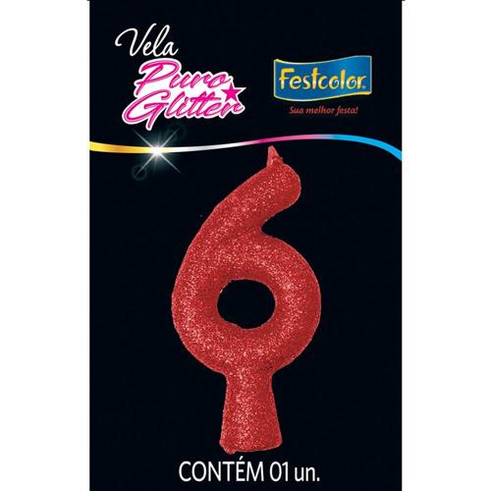 Vela Puro Glitter Vermelha N 6 - Embalagem com 1 unidade.