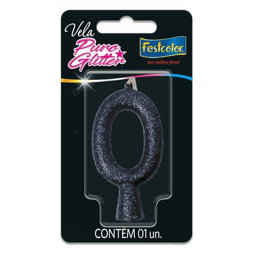 Vela Puro Glitter Preta N 0 - Embalagem com 1 unidade.