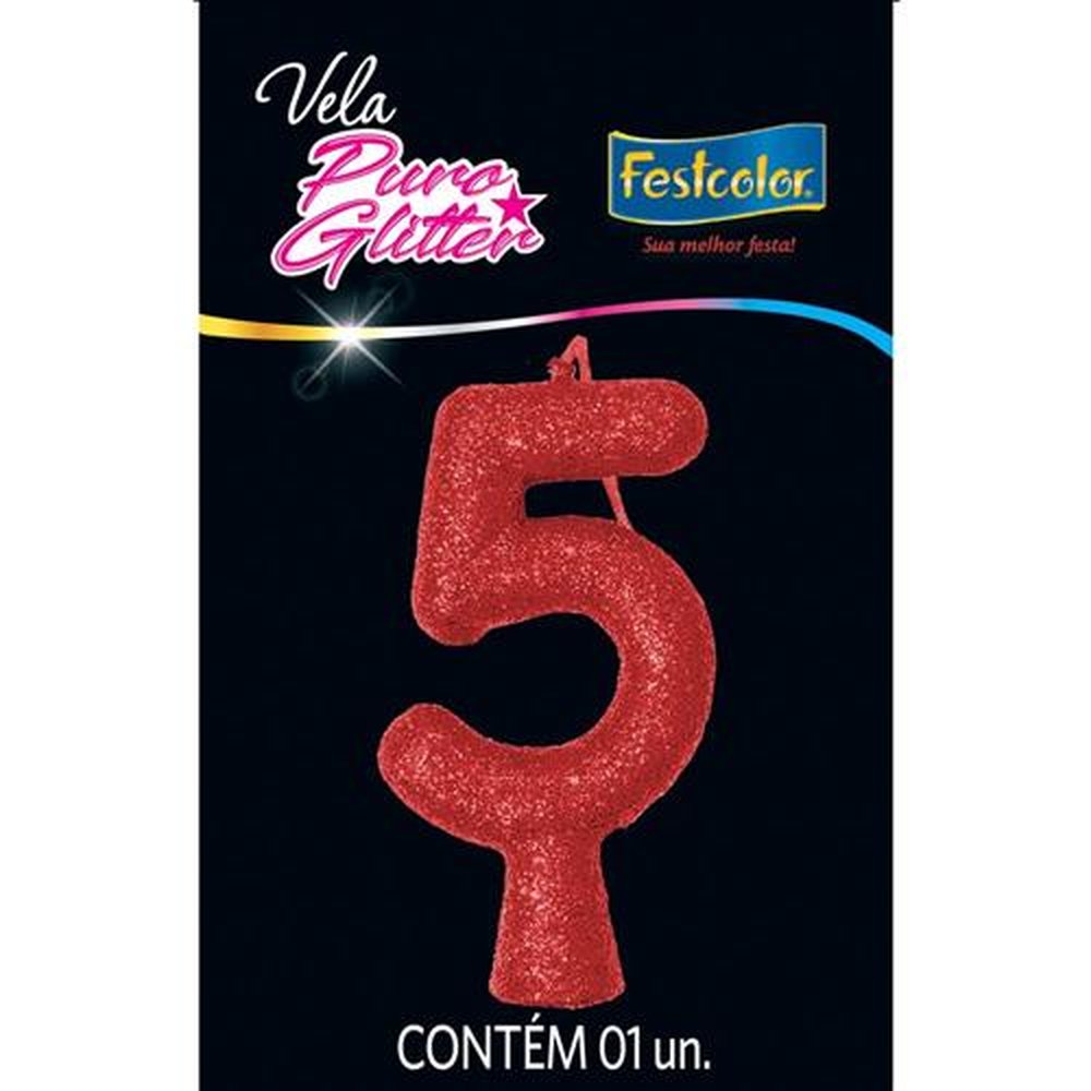 Vela Puro Glitter Vermelha N 5 - Embalagem com 1 unidade.