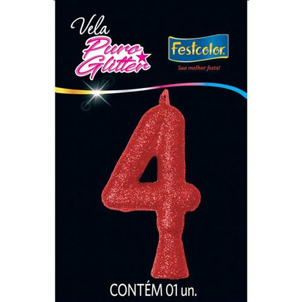 Vela Puro Glitter Vermelha N 4 - Embalagem com 1 unidade.