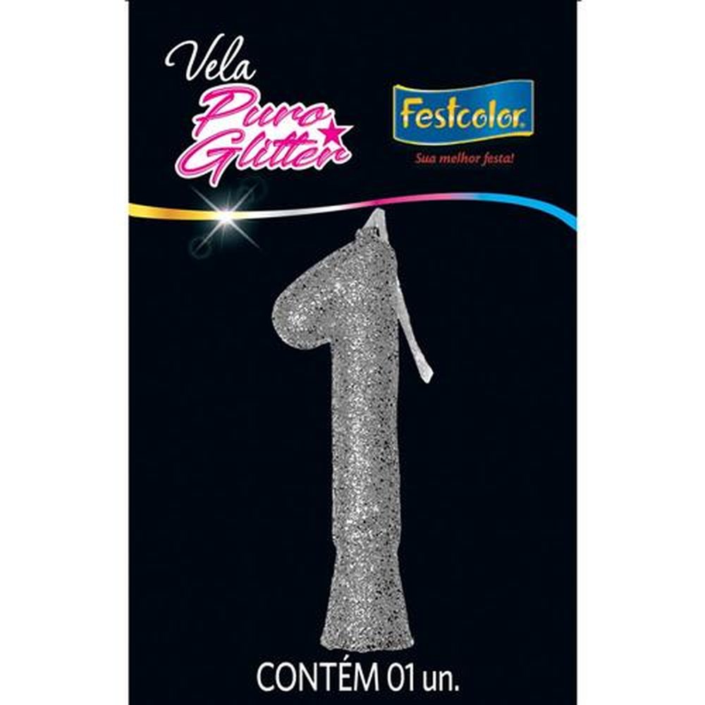 Vela Puro Glitter Prata N 1 - Embalagem com 1 unidade.