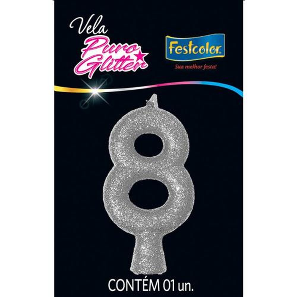 Vela Puro Glitter Prata N 8 - Embalagem com 1 unidade.
