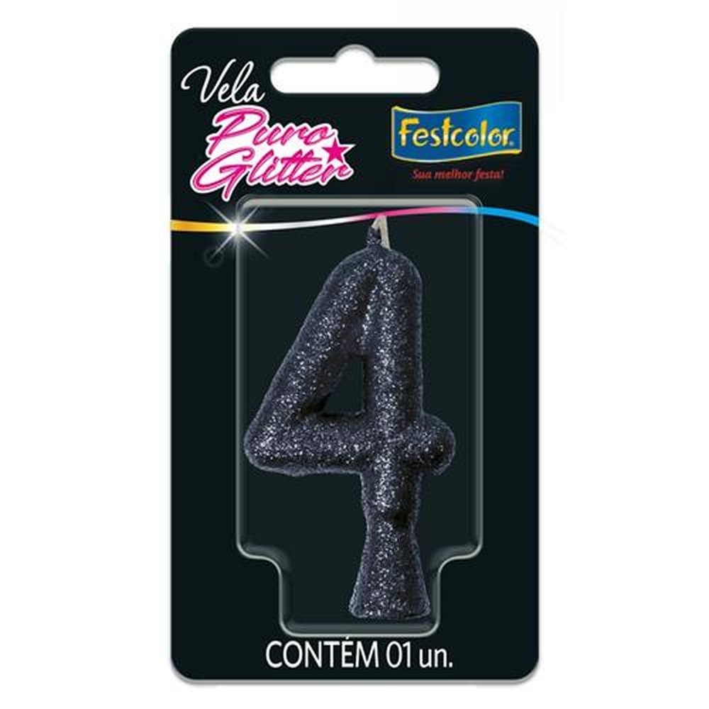 Vela Puro Glitter Preta N 4 - Embalagem com 1 unidade.