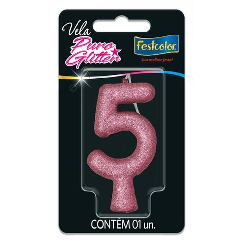 Vela Puro Glitter Rosa N 5 - Embalagem com 1 unidade.