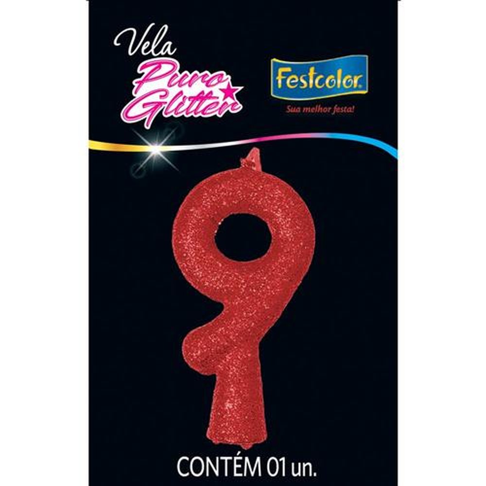 Vela Puro Glitter Vermelha N 9 - Embalagem com 1 unidade.