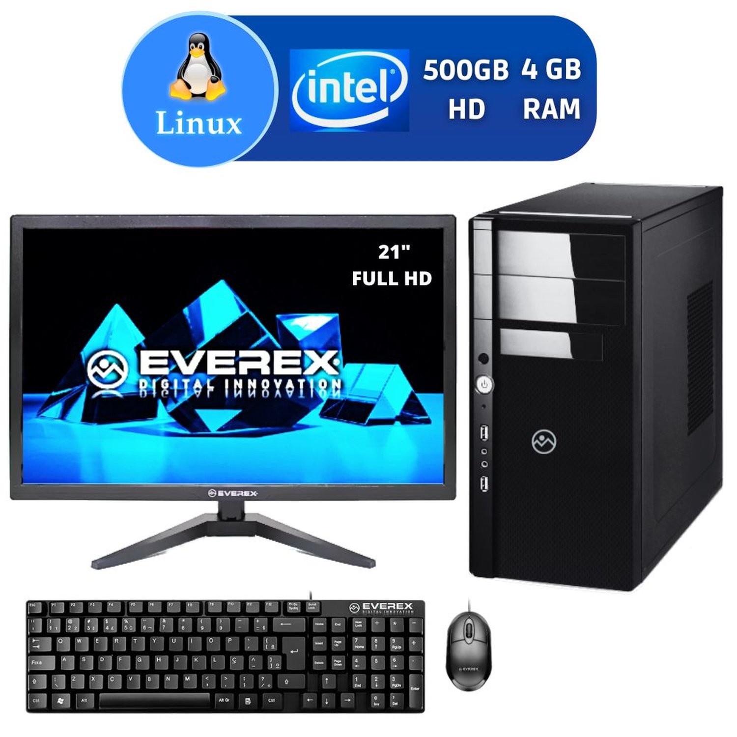 Computador Dual Core, 4GB, 500GB HD e Linux + Kit + Monitor 21"