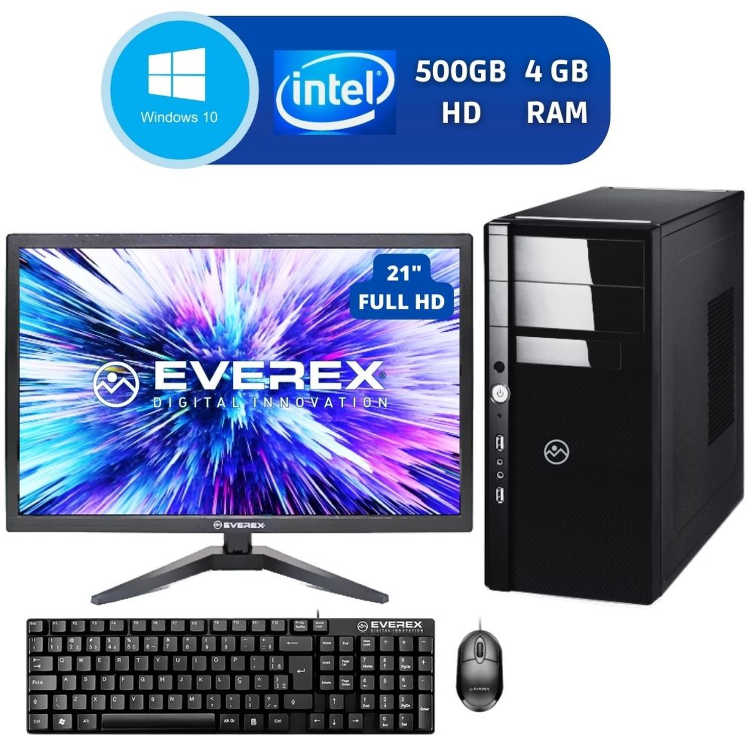 Computador Dual Core, 4GB, 500GB HD e Windows 10 Pro + Kit + Monitor 21"
