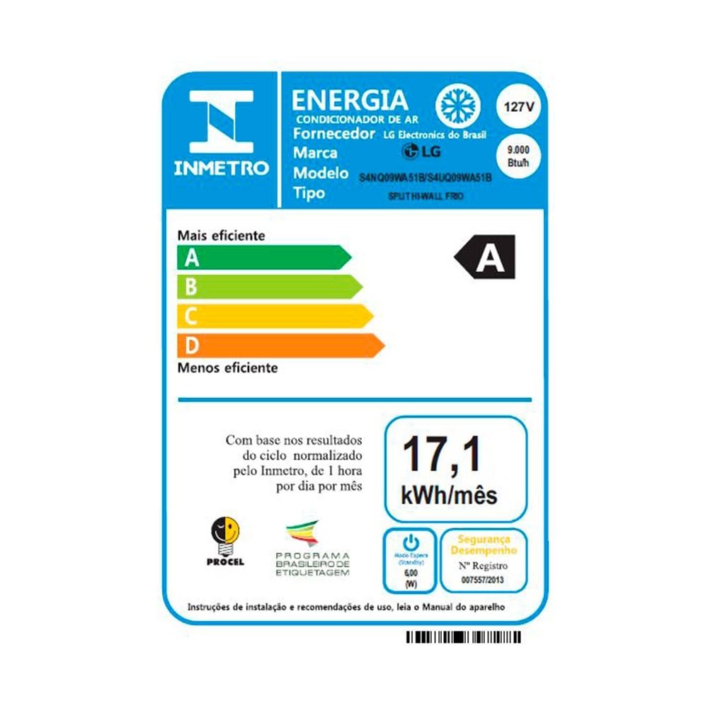 Ar Condicionado Split 9.000 BTUs LG S4NQ09WA51B, Inverter, Frio, 110V