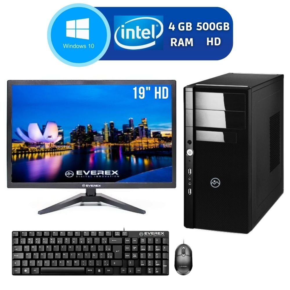 Computador Intel Dual Core, 4GB, 500GB HD e Windows 10 Pro + Monitor 19"