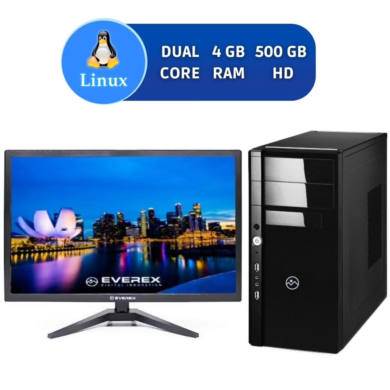 Computador Intel Dual Core, 4GB , 500GB HD e Linux + Monitor 19"