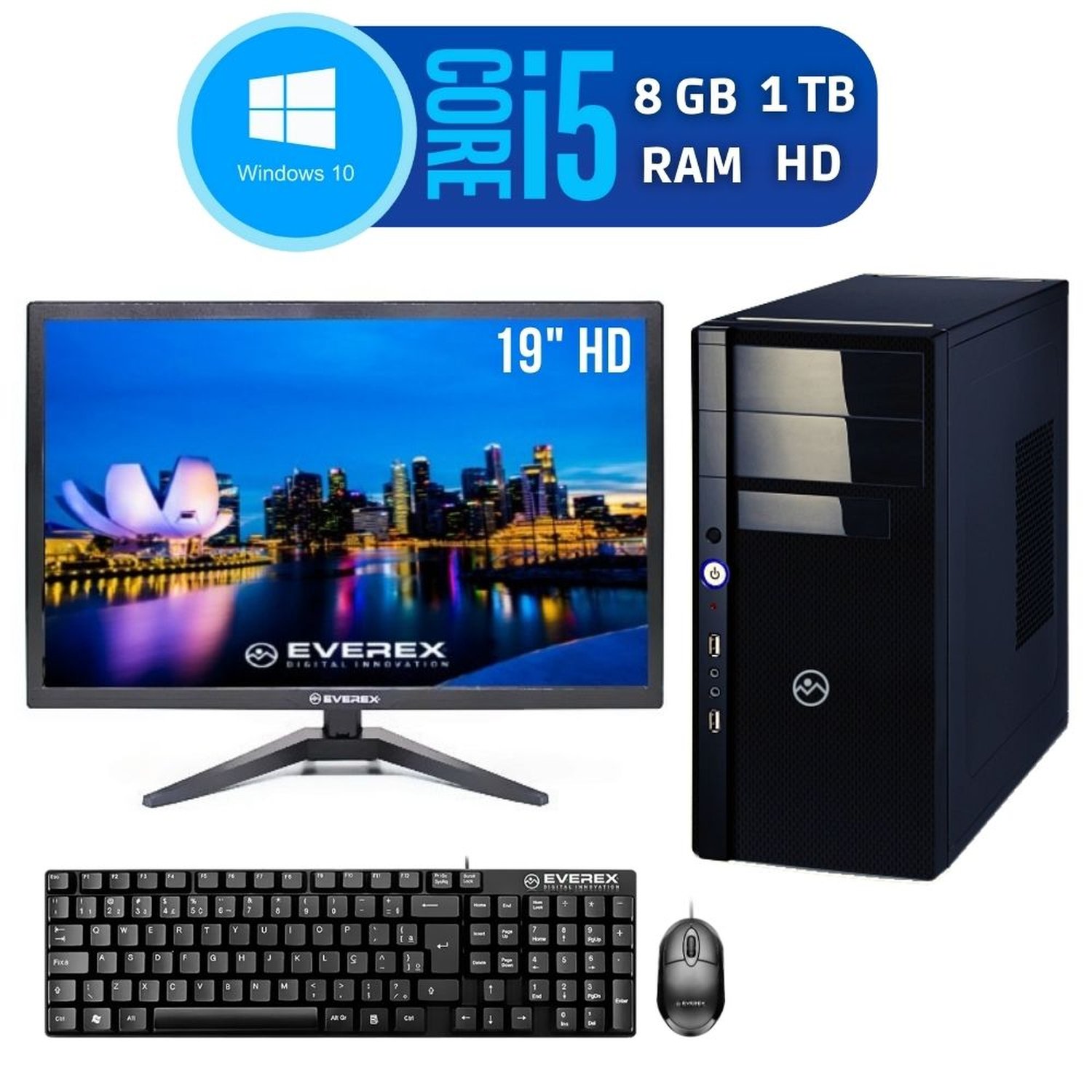 Computador Intel Core i5, 8GB, 1TB HD e Windows 10 + Monitor 19"