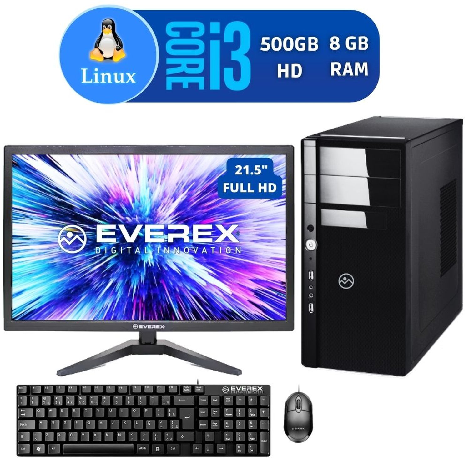 Computador Core i3, 8GB, 500GB HD e Linux + Kit + Monitor 21,5"