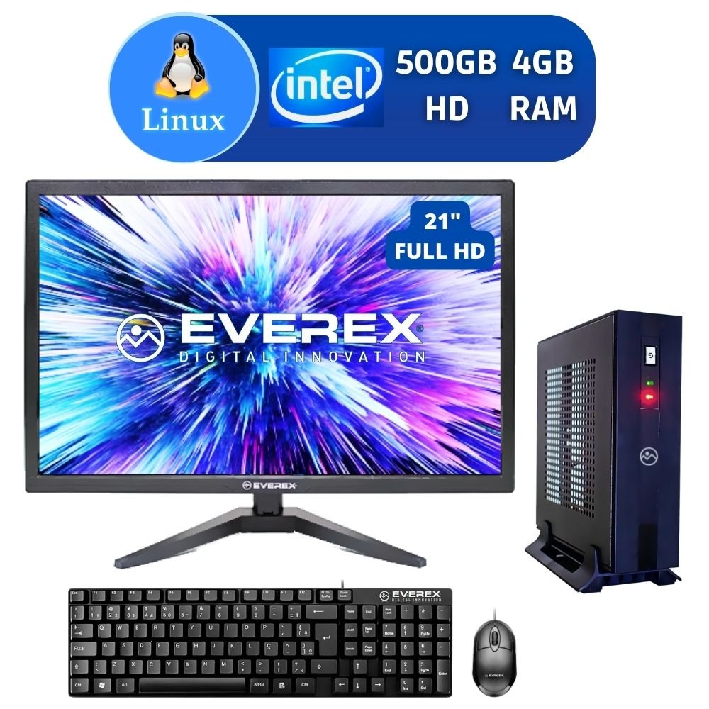 Computador Slim Dual Core, 4GB, 500GB HD e Linux + Kit + Monitor 21"