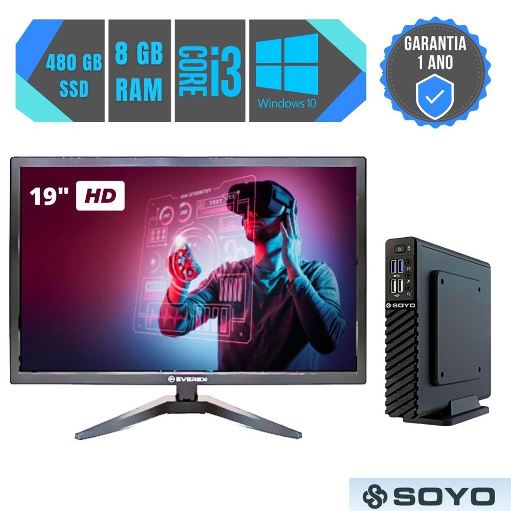Mini Pc Intel Core I3 10 Geração, 480GB SSD, 8GB, Windows 10 + Monitor 19