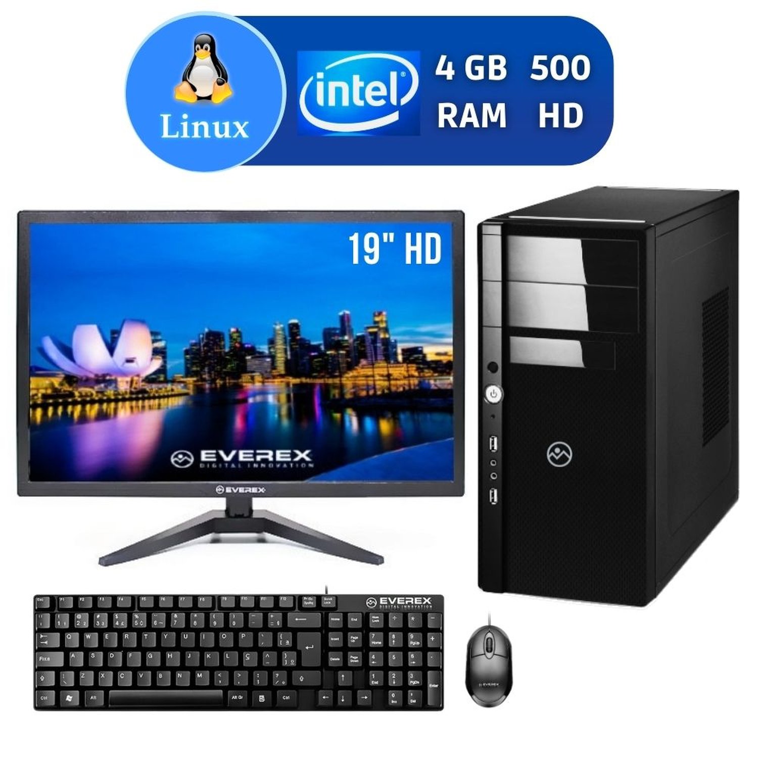 Computador Slim Intel Dual Core, 4GB , 500GB HD e Linux + Monitor 19"