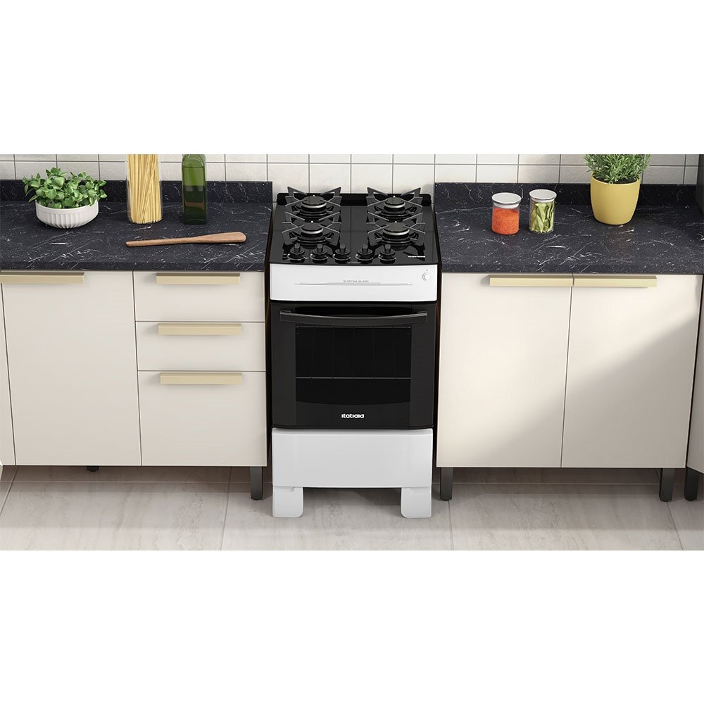 Fogão de Piso Itatiaia 4 Bocas Electra Glass | Mesa de Vidro Temperado, Branco, Bivolt