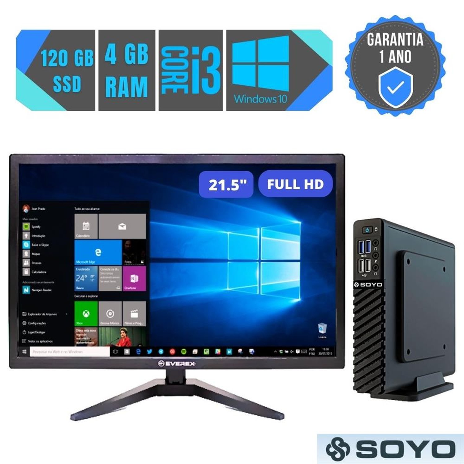 Mini Pc Intel Core I3 10° Geração, 120GB SSD, 4GB, Windows 10 + Monitor 21.5"