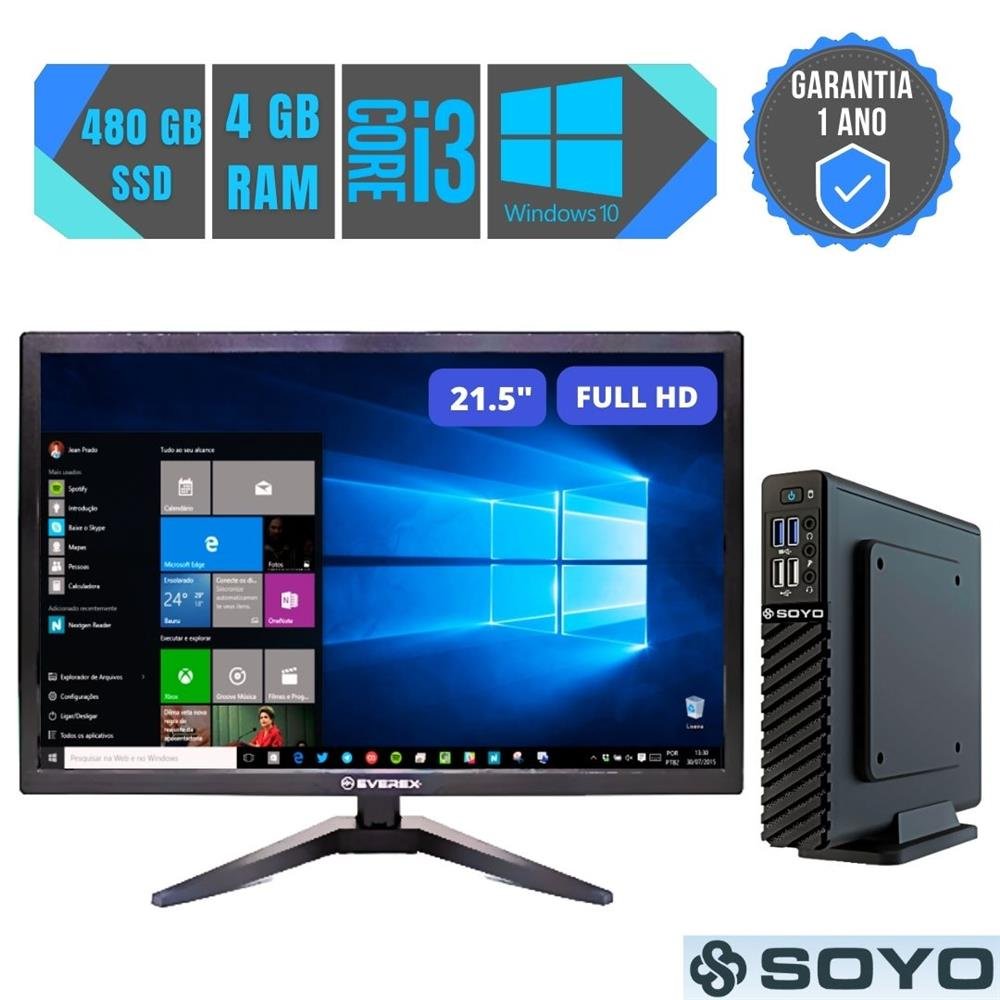 Mini Pc Intel Core I3 10° Geração, 480GB SSD, 4GB, Windows 10 + Monitor 21.5"