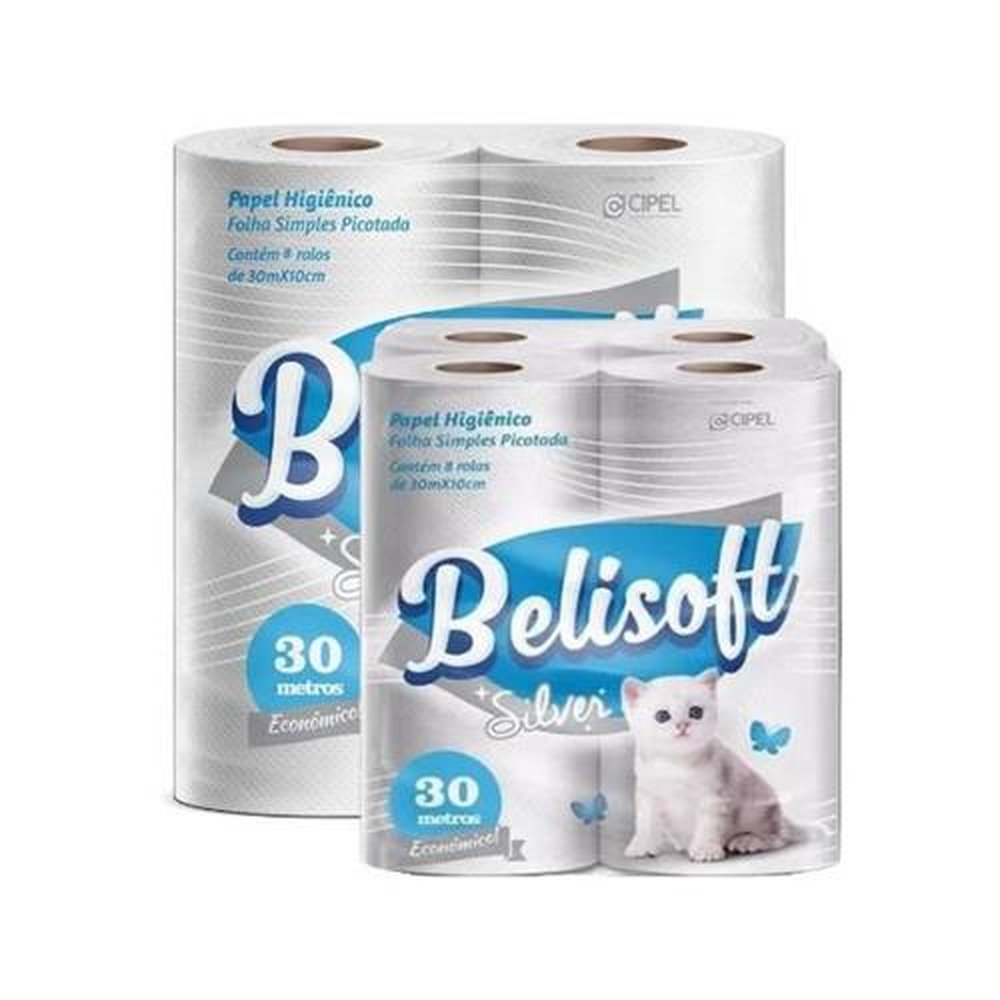 Papel Higiênico Belisoft Silver Folha Simples 30 Metros - Pacote Contém 8 Rolos