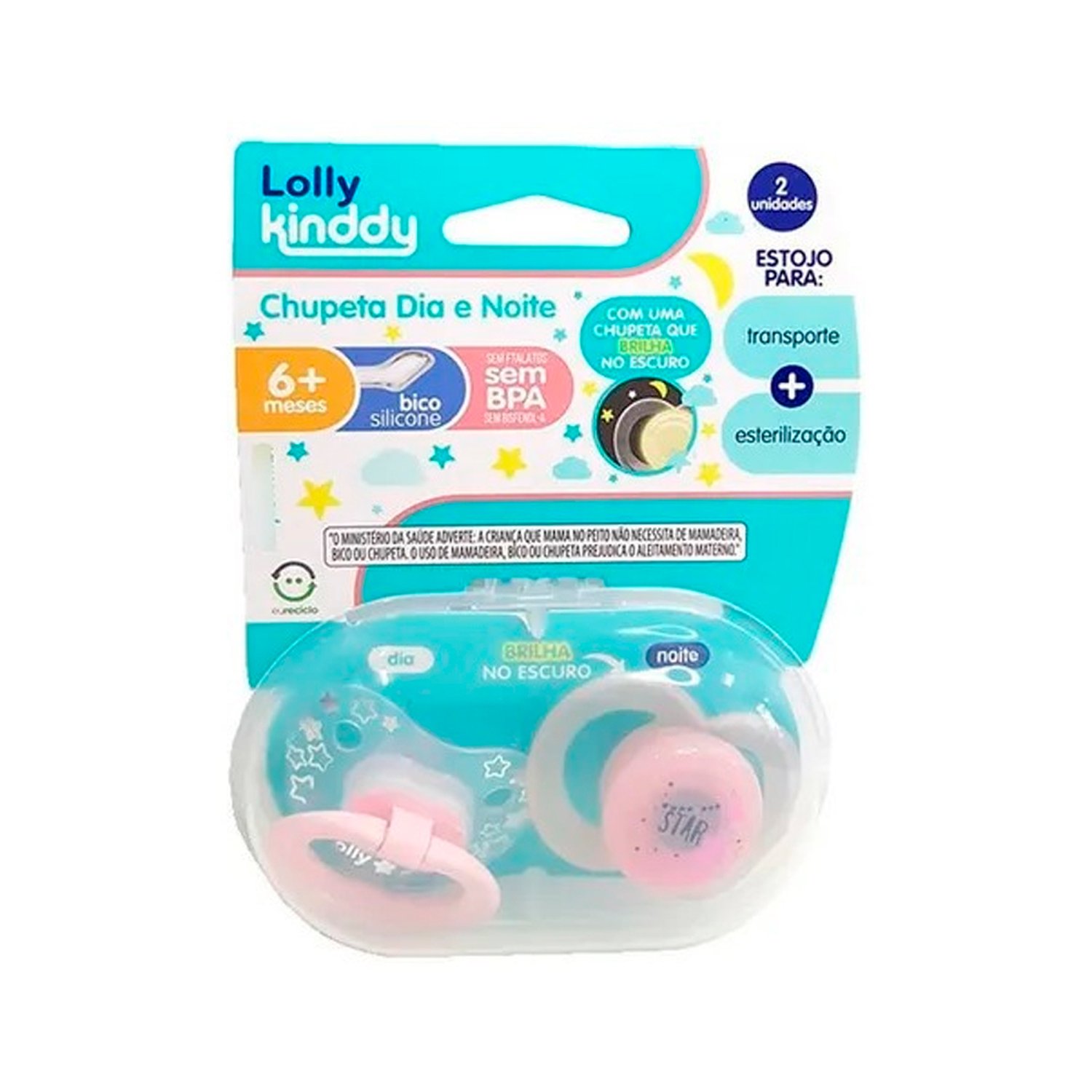 Chupeta Lolly Star Dia E Noite Silicone Ortodôntica Tamanho 2 Feminino 6 meses mais