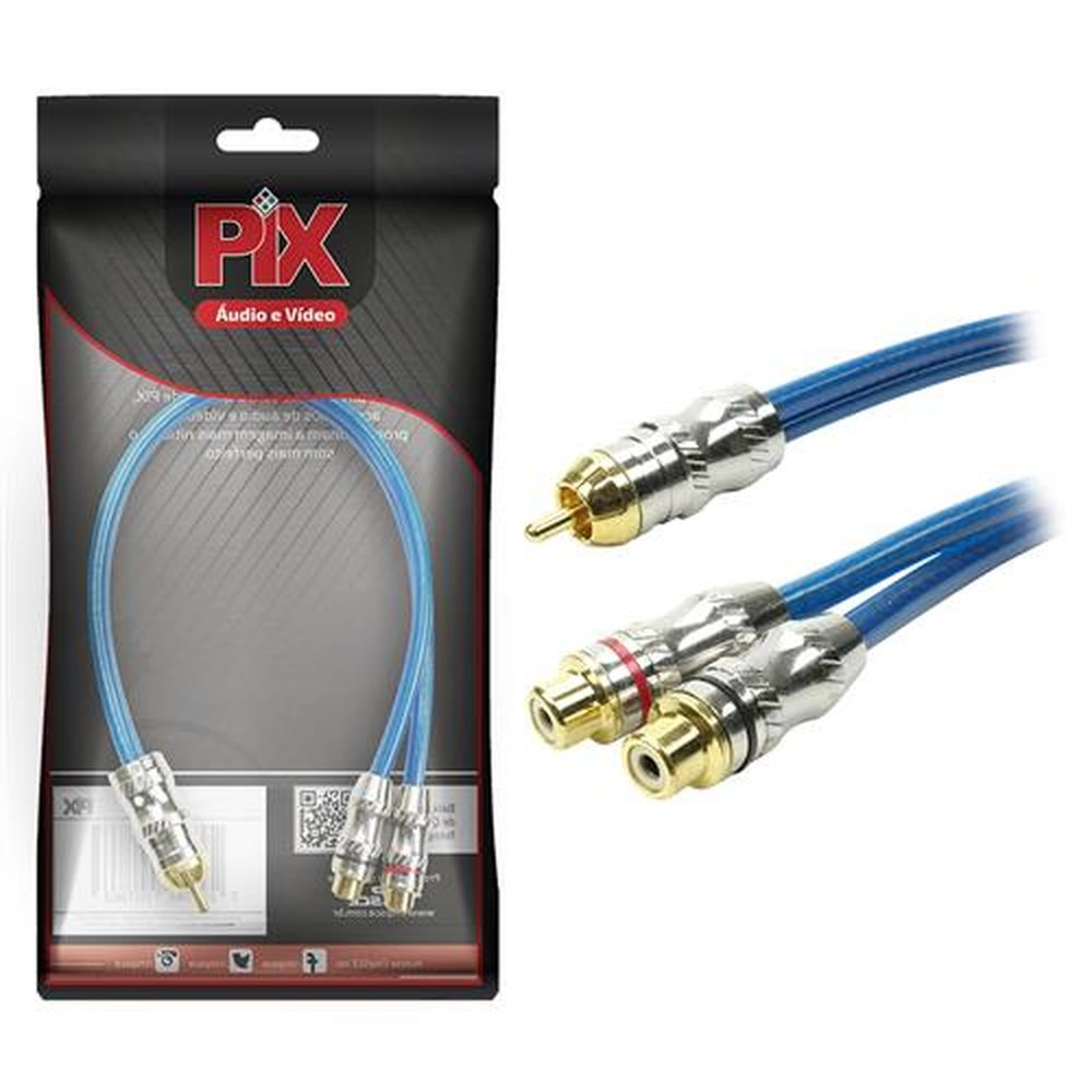 Cabo RCA Automotivo Profissional - Y 1 Macho + 2 Fêmeas Cristal Azul 25cm