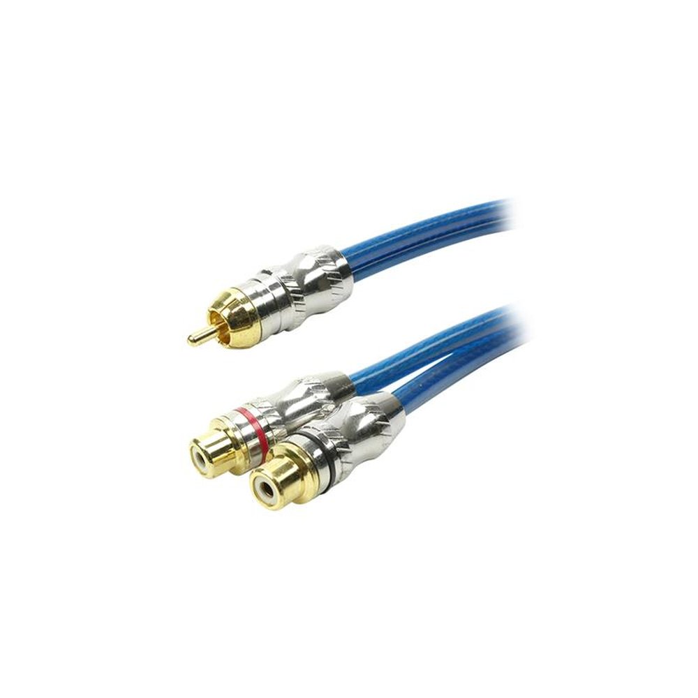 Cabo RCA Automotivo Profissional - Y 1 Macho + 2 Fêmeas Cristal Azul 25cm